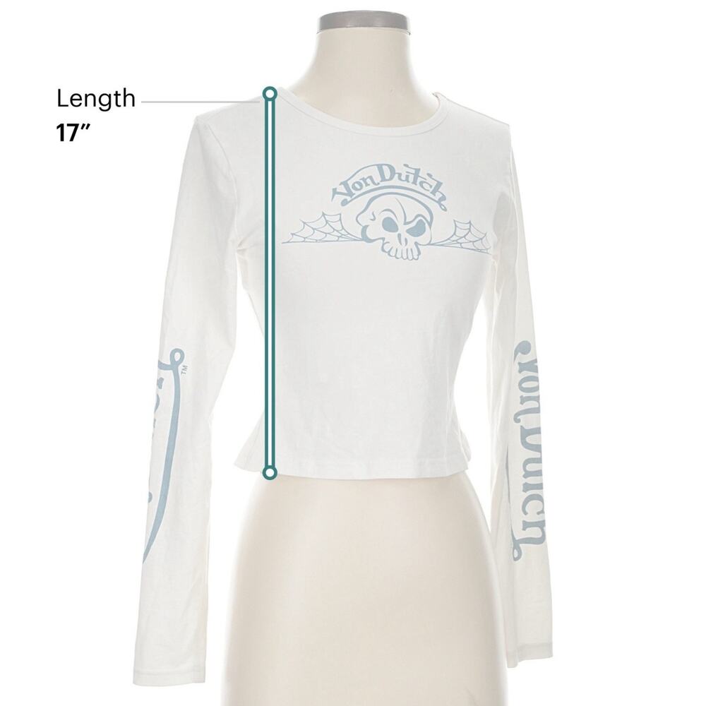 Von Dutch Y2K White Crop Top Skull Graphic Long Sleeve Stretch Tee Women Size S - Picture 7 of 8